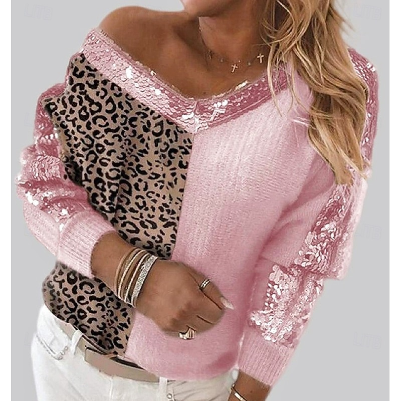 Women's Sweater Pullover Sweater Jumper Casual Soft Leopard Ribbed V Neck Knitted Long Sleeve Regular Tops Knit Outdoor Daily Weekend Pink Camel Fall Winter