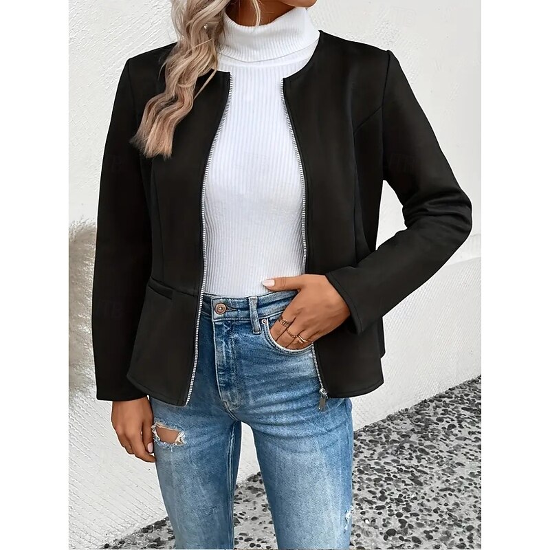 Women's Jacket School Zipper Solid Color Vintage Regular Fit Outerwear Long Sleeve Spring Black S4