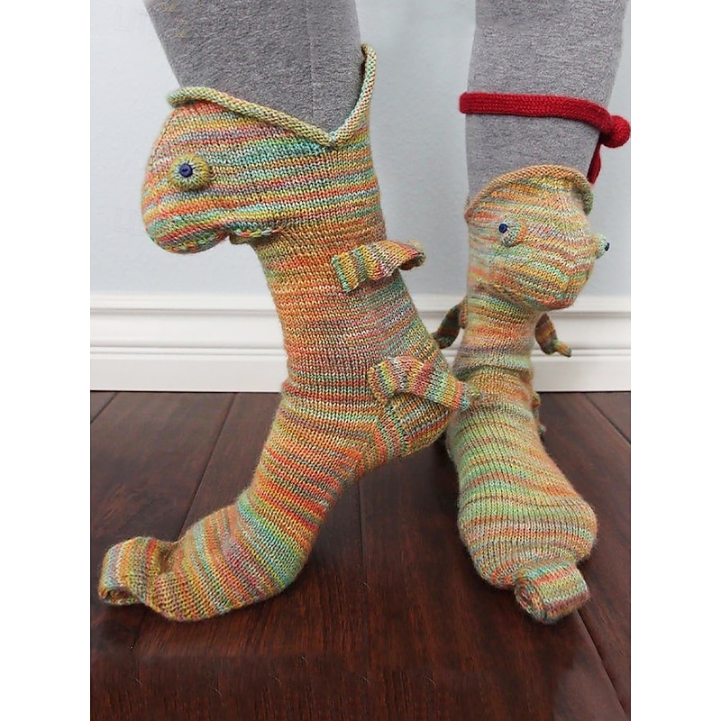 Women's Dinosaur Knit Slipper Socks with 3D Design – Cozy Indoor Winter Socks for Adults and Kids3