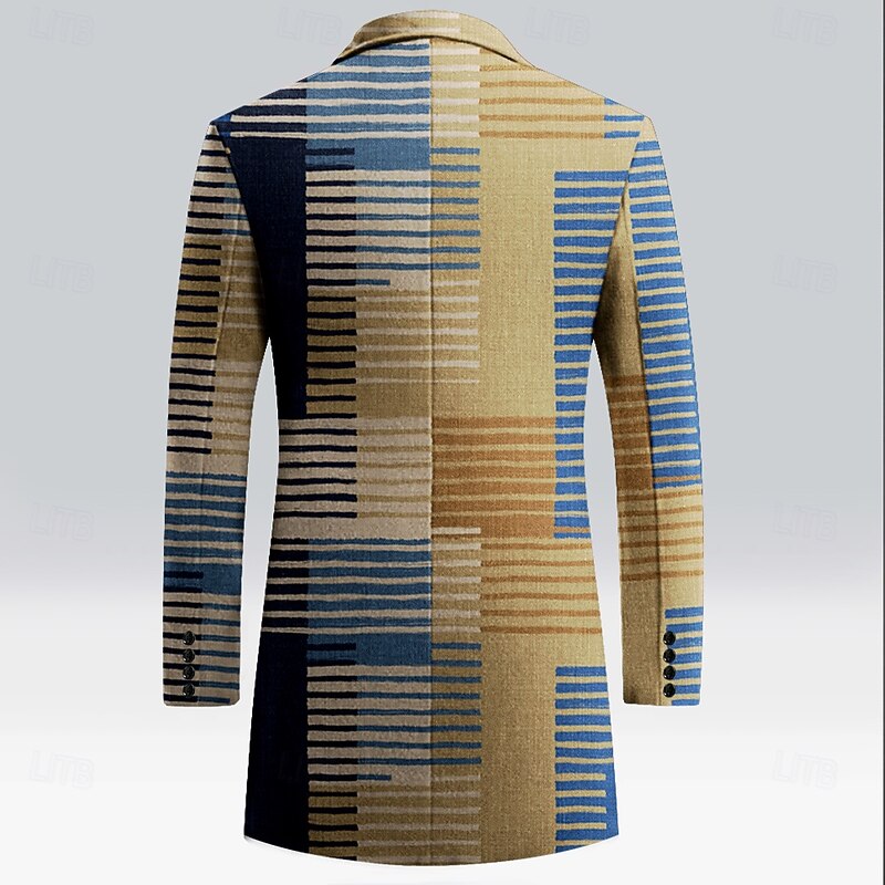 Men's Striped Winter Coat Fleece Jacket Overcoat Thermal Comfortable Business Casual Formal Daily Wear 3D Print Buttons Front Pocket Winter Turndown Long Sleeve Yellow2