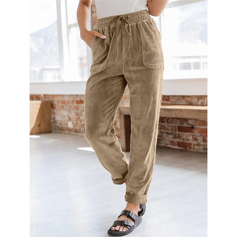 Women's Chinos Fashion Streetwear Full Length High Waist Plain Pocket Elastic Waistband Comfy Soft Comfortable Micro-elastic Outdoor Street Black Navy Blue Khaki Spring &  Fall Regular Fit