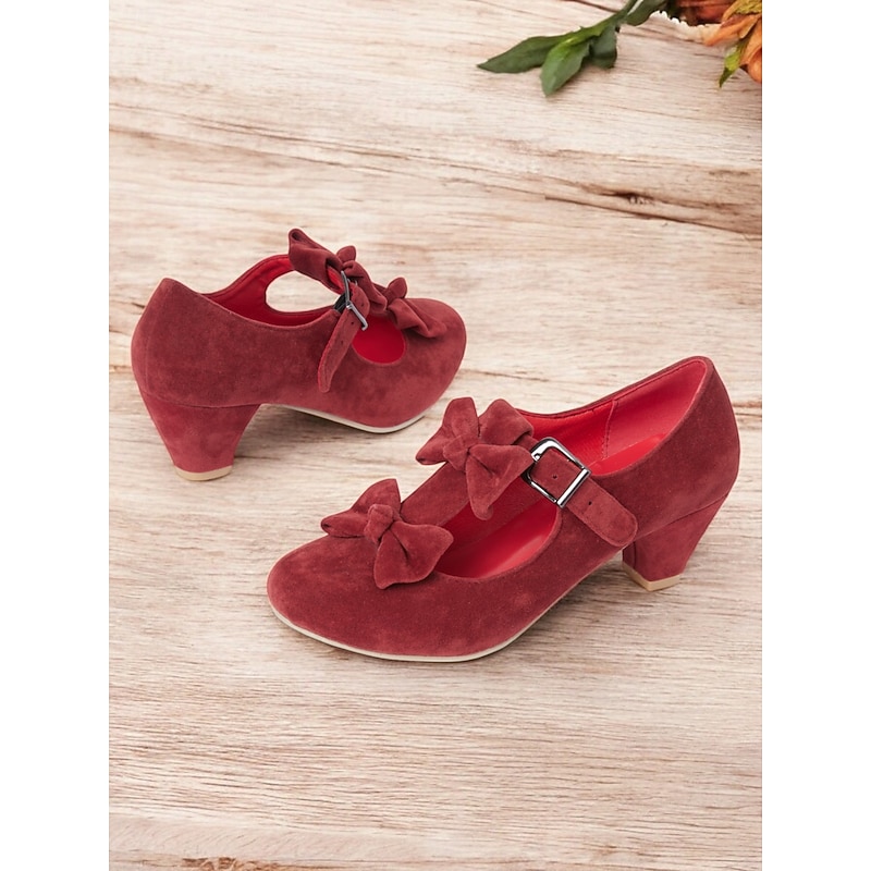 Women's Vintage Mary Jane Heels with Bowknot Decoration – Red Suede Chunky Mid Heel Shoes for Formal Events2