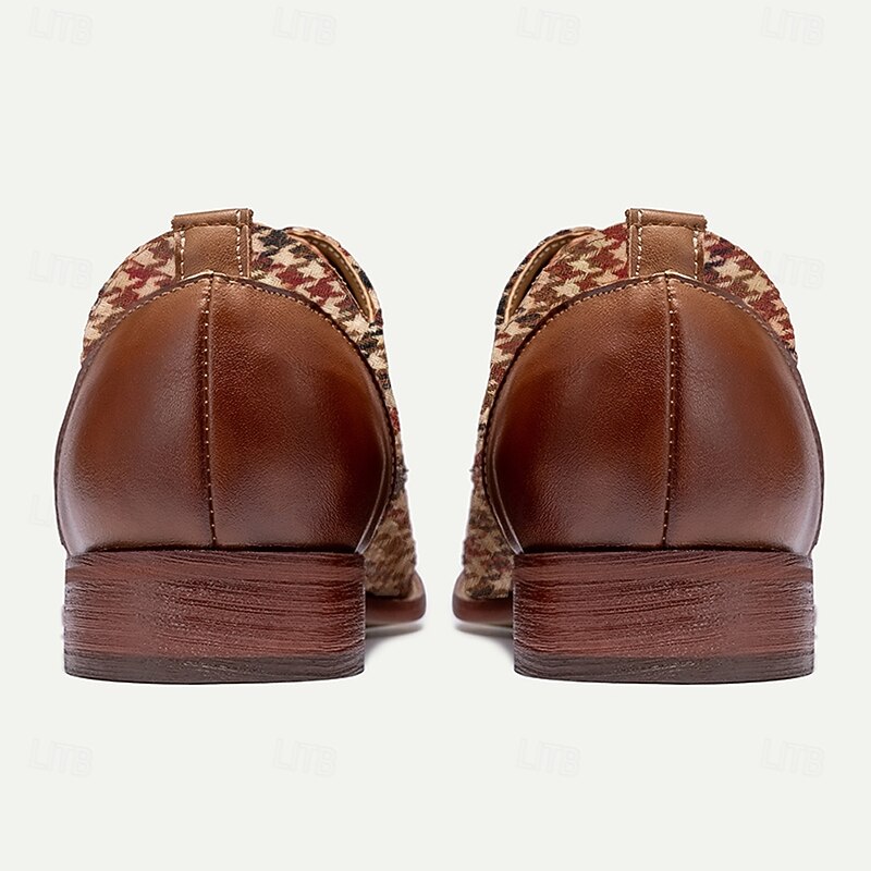 Men's Houndstooth Oxford Shoes - Vintage Brown and Red Checkered Pattern, Faux Leather Accents, Perfect for Formal and Casual Occasions 5