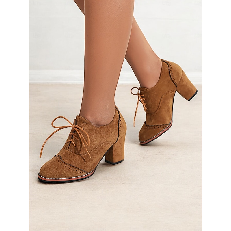 Women's Faux Suede Lace-Up Oxford Shoes with Block Heels – Vintage Style Brogue Pumps for Casual and Office Wear4