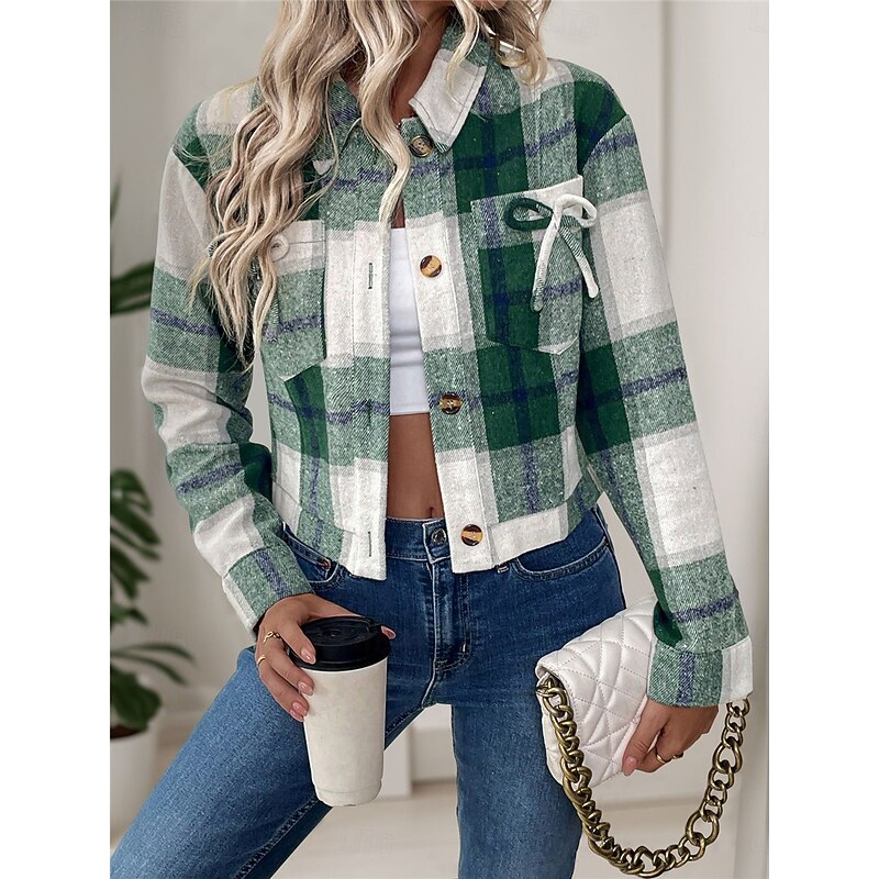 Women's Casual Jacket Outdoor Street Daily Wear Fall Winter Short Coat Regular Fit Thermal Warm Breathable Stylish Casual Jacket Long Sleeve Stripes and Plaid with Pockets Print Green