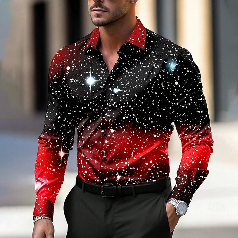 Christmas Men's Star / Galaxy Dress Shirt Button Up Shirt Long Sleeve Artistic Casual Christmas Party Evening Wear Fall Winter Spring & Summer Shirt Collar Button Up 3D Print Red Blue Purple