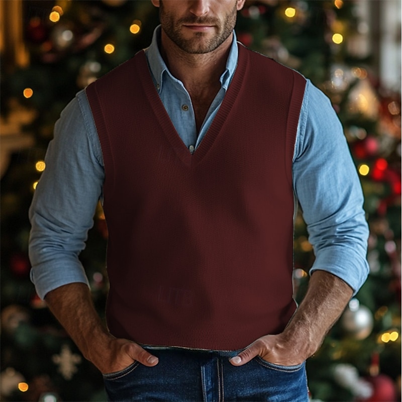 Men's Christmas Sweaters Sweater Ribbed Knit V Neck Solid Color V Neck Elegant Vintage Formal Home Clothing Apparel Bishop Sleeve Fall Winter Camel Wine M L XL