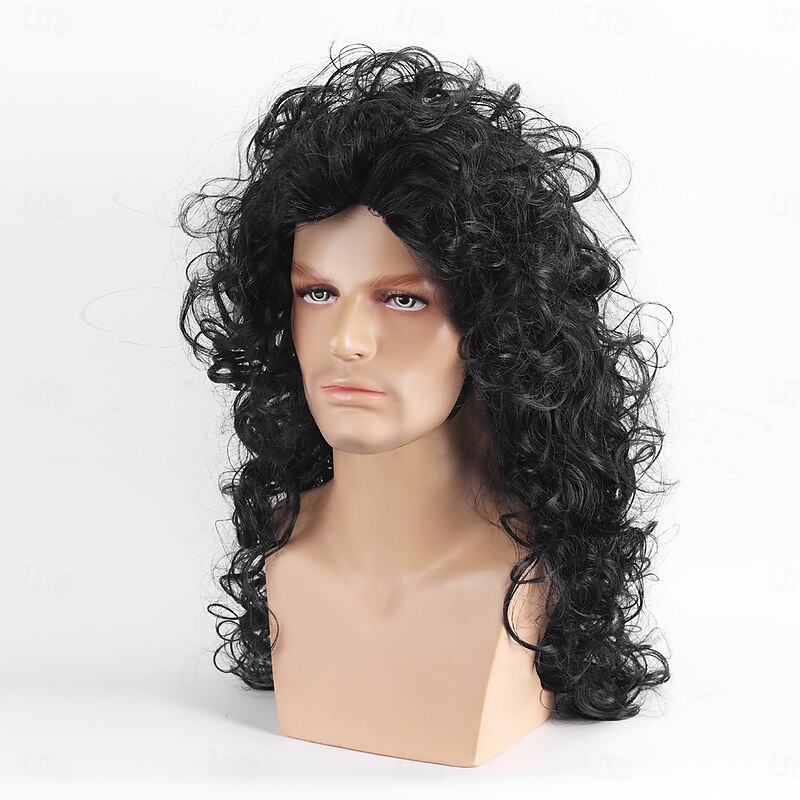 Synthetic Wig Wavy With Bangs Machine Made Wig Long Black Synthetic Hair Men's Black3