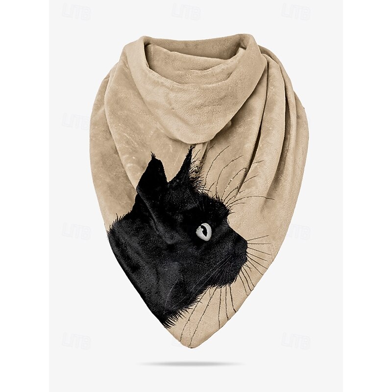 Women's Vintage-Style Beige Scarf with Black Cat Print – Cozy and Unique Accessory for Cat Lovers, Perfect for Fall and Winter Outfits4