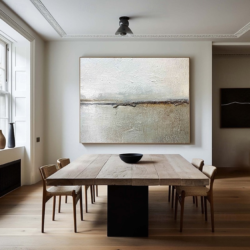 Large Creamy Beige Abstract Geometric Oil Painting Handmade sea painting Hand Painted Modern Wabi Sabi Wall Art Brown and Black Minimalist Wall Art Beige Textured Painting4