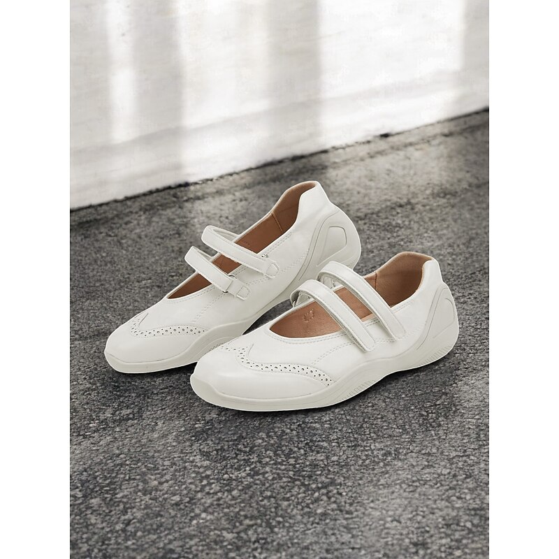Women's White Mary Jane Comfort Shoes with Dual Straps and Brogue Detailing – Casual Everyday Footwear for Walking and Leisure
