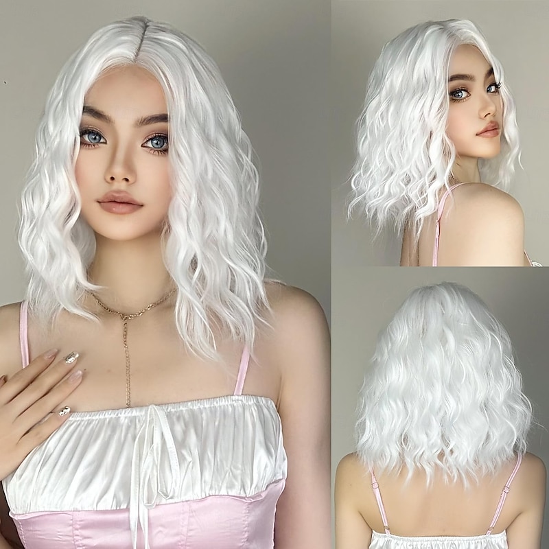 White Wig -Short White Wavy Wigs for Women 14 inch Shoulder Length Natural Looking Synthetic Wig Heat Resistant Fiber Wigs for Daily Party Use Christmas Party Wigs3