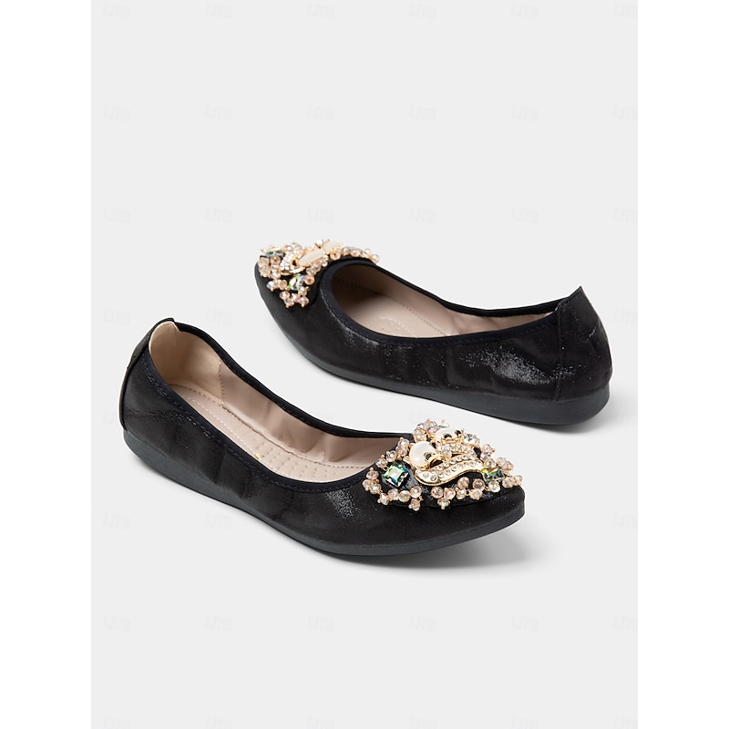 Women's Black Foldable Ballet Flats with Rhinestone & Pearl Embellishments - Compact Travel Shoes for Special Occasions & Everyday Comfort