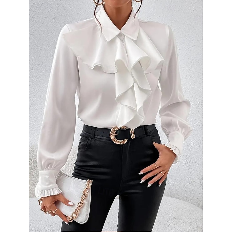 Women's Shirt Elegant Dressy Satin Elegant Active Long Sleeve Crew Neck Black White Spring Fall Winter3