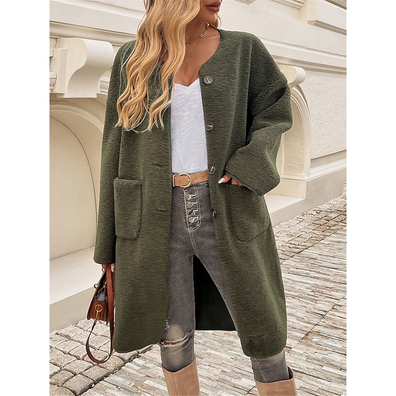 Women's Winter Coat Outdoor Street Daily Wear Fall Winter Long Coat Regular Fit Thermal Warm Breathable Stylish Casual Jacket Long Sleeve Plain with Pockets Army Green Khaki Apricot