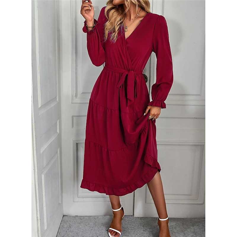 Women's Casual Dress Midi Dress Lace up Ruffle Casual V Neck Long Sleeve Black Pink Red Color
