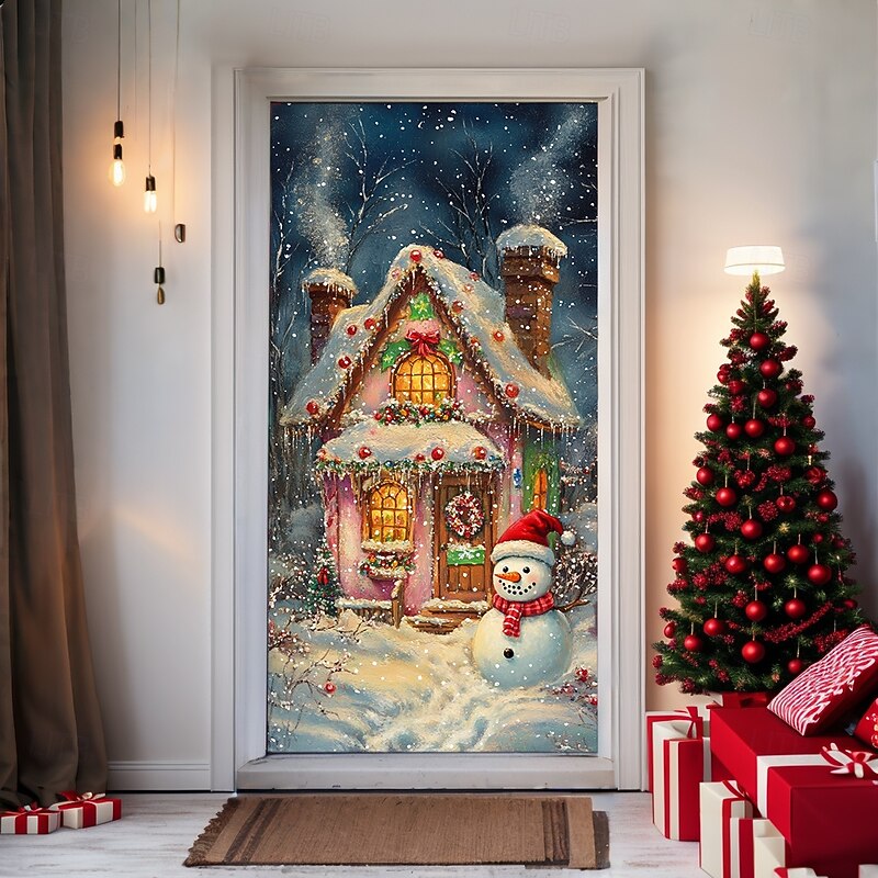 Christmas Door Decorations Door Covers Xmas Snowman House Door Tapestry Door Curtain Decoration Backdrop Indoor/Outdoor Door Banner for Front Door Farmhouse2