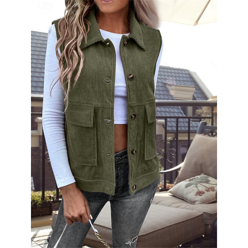 Women's Vest Outdoor Street Daily Wear Fall Winter Regular Coat Regular Fit Thermal Warm Breathable Stylish Casual Jacket Sleeveless Solid Color with Pockets Army Green Khaki