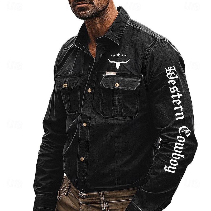 Men's Letter Printed Cowboy Work Shirt Western Shirt Cargo Shirt Long Sleeve Casual Tactical Sports & Outdoor Going out Winter Spring &  Fall Turndown Print Black2
