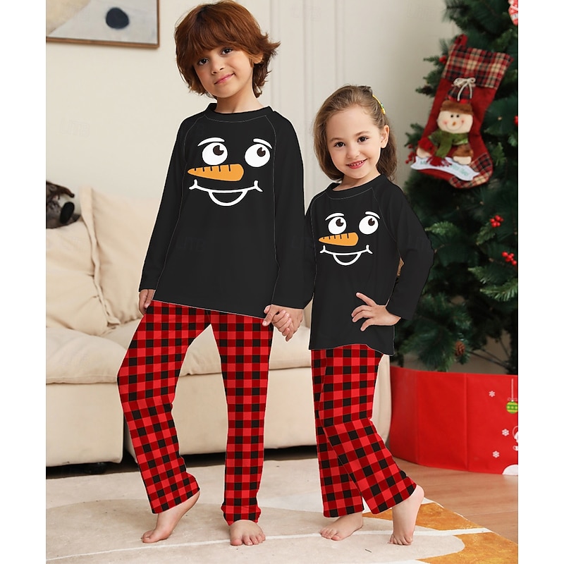 Snowman Family Christmas Pajamas Nightwear Men's Women's Boys' Girls' Family Matching Outfits Sweet Plaid Pattern Adults Kid's Christmas New Year Christmas Eve Christmas Vacation Home Wear Top Pants2