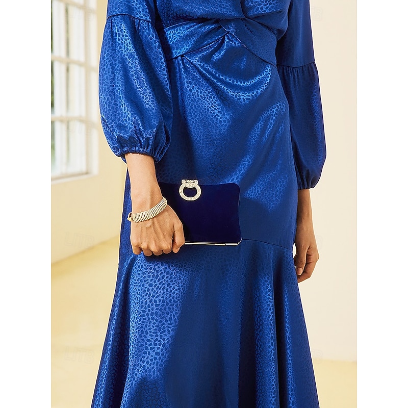 Women's Elegant Blue Velvet Clutch Bag with Rhinestone Ring Handle - Perfect Evening Bag for Weddings, Parties, and Formal Events3
