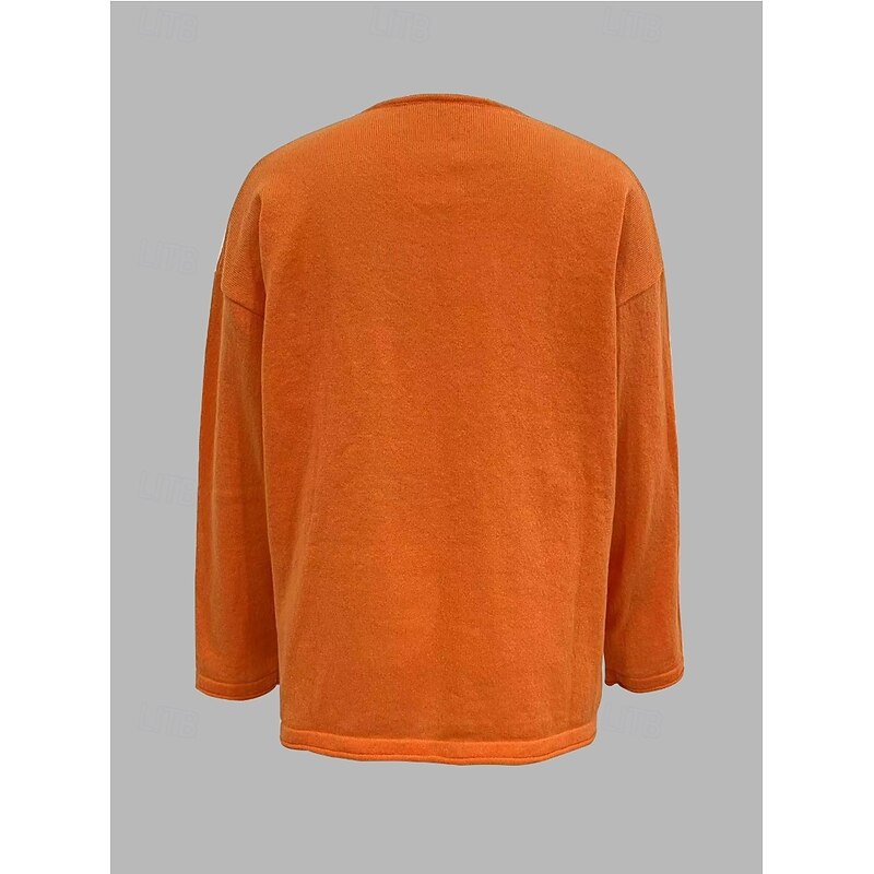 Women's Sweater Fashion Streetwear Daily Solid Color V Neck Knitted Long Sleeve Long Tops Knit Outdoor Going out Orange Fall Winter2