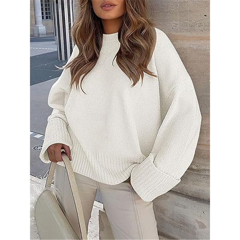 Women's Sweater Pullover Sweater Jumper Casual Soft Pure Color Ribbed Crew Neck Knitted Long Sleeve Regular Tops Knit Outdoor Daily Weekend Black White Fall Winter3