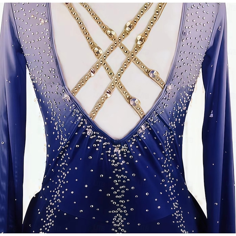 Figure Skating Dress Women's Girls' Ice Skating Dress Dark Blue Thumbhole Halo Dyeing Mesh Spandex Stretchy Training Practice Professional Skating Wear Thermal Warm Classic Crystal / Rhinestone Long4