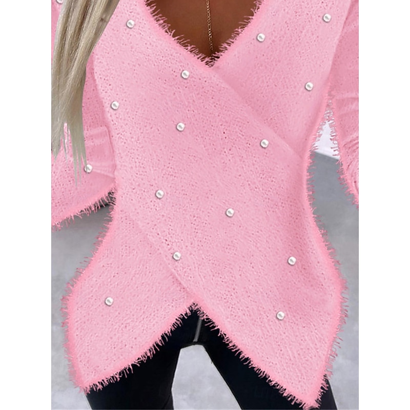 Women's Blouse Pullover Fuzzy Pink Edge Asymmetrical Long Sleeve V-Neck Basic Casual Chic Autumn Winter3