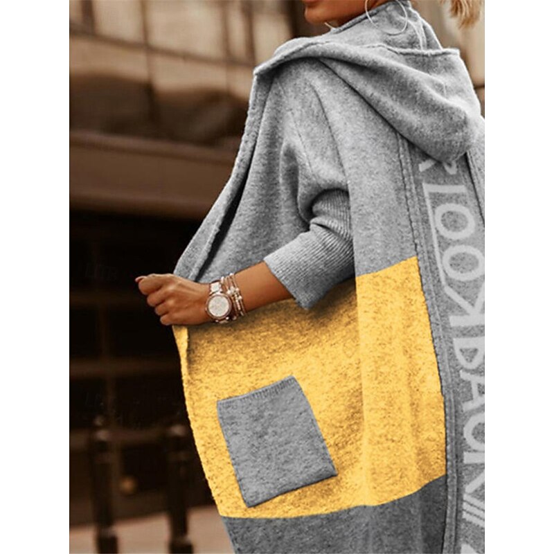 Women's Sweater Cardigan Casual Soft Letter Ribbed Hooded Pocket Knitted Long Sleeve Long Tops Knit Outdoor Daily Weekend White Yellow Fall Winter3