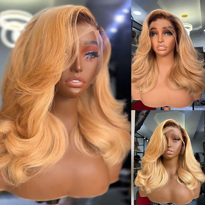 Brazilian Virgin Hair Glueless 13x4 Lace Front Wig Ombre Human Hair Wavy Wig  with Baby Hair Honey Blonde Colored Wigs Pre-Plucked For Women3