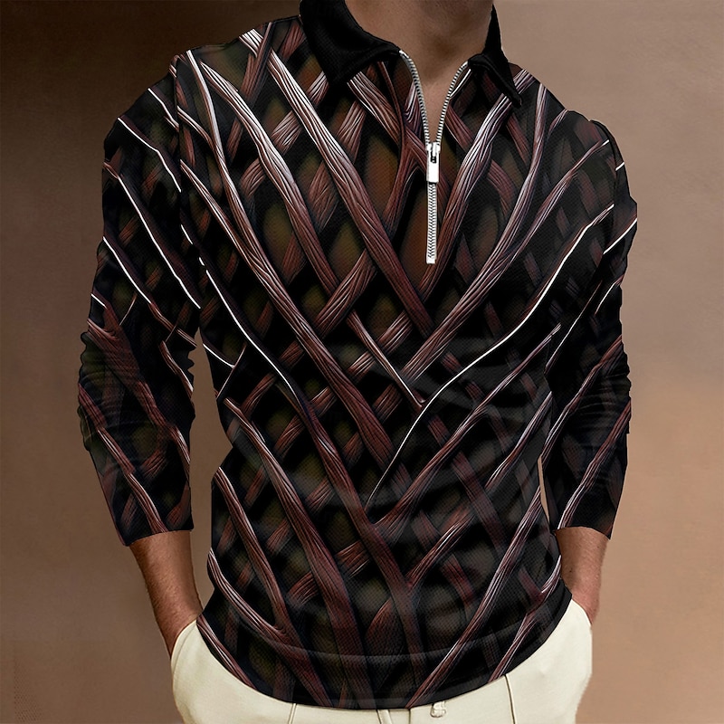 Men's 3D Print Polo Shirts Golf Polos Shirts Long Sleeve Polo Shirts Collar Business Casual Vacation Dailywear Zipper 3D Print Spring Fall & Winter Black Ink Blue Dark Purple