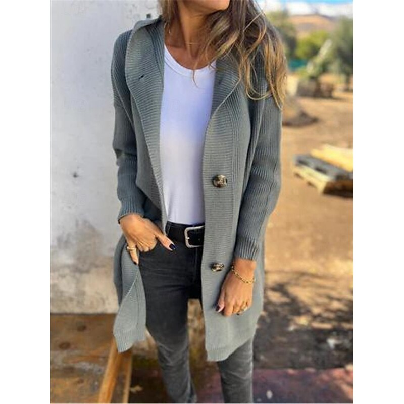 Women's Sweater Cardigan Casual Soft Pure Color Ribbed Hooded Buttons Pocket Knitted Long Sleeve Long Tops Knit Outdoor Daily Weekend Black Yellow Fall Winter4