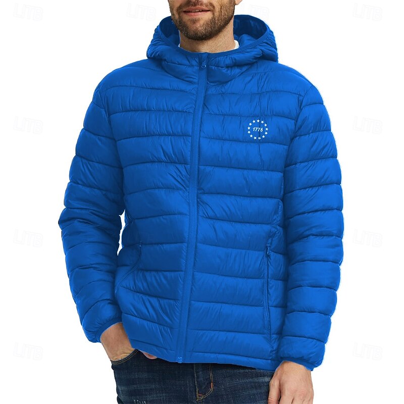 Men's Graphic 1776 Down Jacket Puffer Jacket Waterproof Lightweight Casual Daily Holiday Going out Print Fall Winter Hooded Long Sleeve Black Royal Blue