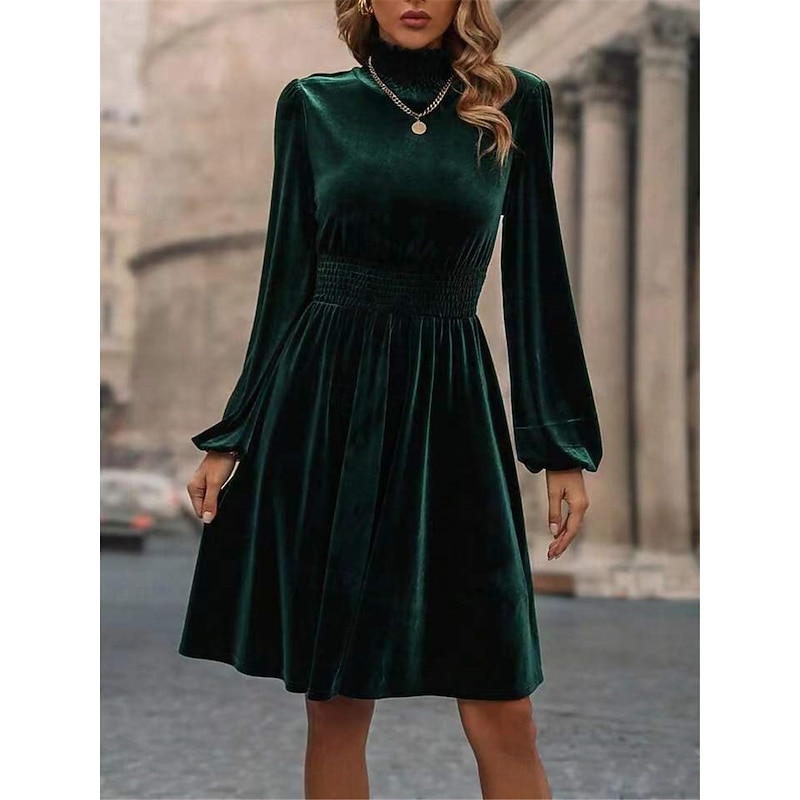 Women's Velvet Dress High Neck Long Sleeve Cinched Waistline Elegant Green Knee-Length Festive Party Wear Winter Clothing Apparel