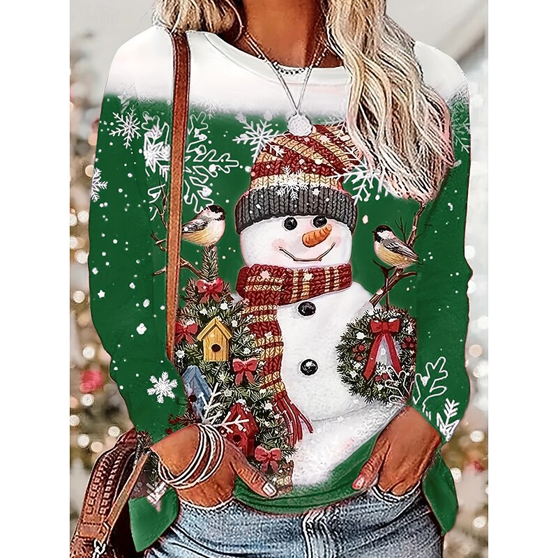 Women's T shirt Long Sleeve Crew Neck Long Sleeve Tunic Snowman Bird Print Holiday Casual Top Red White Snowflake Winter Comfort Soft Fit Festive Season Apparel Sizes Available Prefall4