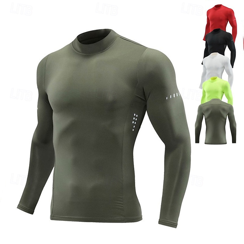 Men's Running T-Shirt Compression Shirt Long Sleeve Tee Tshirt Casual Athleisure Fall High Neck Solid Colored Quick Dry Breathable Gym Workout Walking Jogging Sportswear Activewear fluorescent green