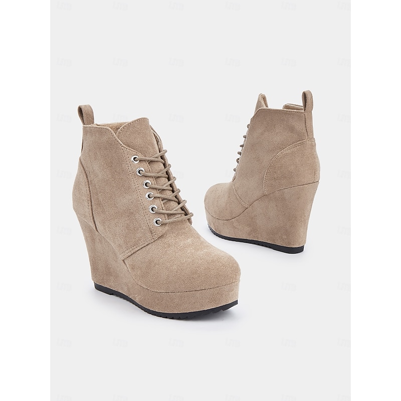 Women's Faux Suede Wedge Ankle Boots with Lace-Up Design - Comfortable Platform Boots for Casual and Everyday Wear3