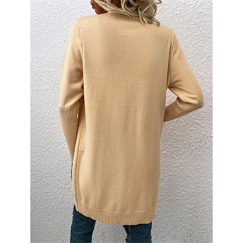 Women's Sweater Cardigan Casual Soft Pure Color Ribbed Open Front Pocket Knitted Long Sleeve Long Tops Knit Outdoor Daily Weekend Khaki Apricot Fall Winter2