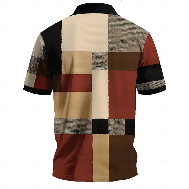 Men's Plaid Golf Shirt Short Sleeve Polo Shirts Collared Shirts Vintage Casual Vacation Wear Formal Wear Festival Wear Buttons 3D Print Summer Khaki2