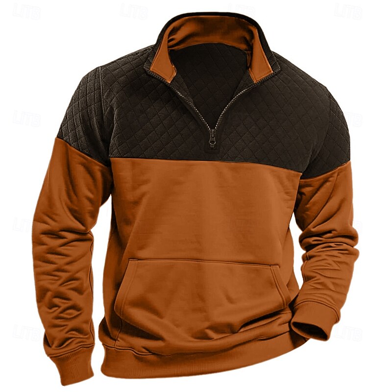Men's Waffle Sweatshirt Pullover Quarter Zip Sweatshirt Black Army Green Navy Blue Khaki Light Grey Standing Collar Half Zip Color Block Pocket Color Block Work Sports & Outdoor Casual Polyester3