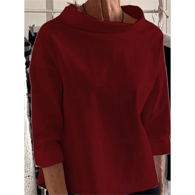 Women's Shirt Linen-Inspired Shirts Blouse Solid Color Basic Casual 3/4 Length Sleeve Turtleneck Regular Tops Daily Wine Camel Khaki Fall4