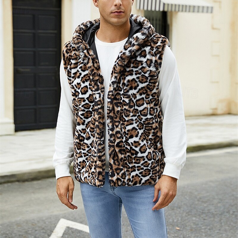 Men's Vest Faux Fur Gilet Daily Date Vacation Fashion Casual Fall & Winter Keep Warm Polyester Comfortable Leopard Print Cardigan Stand Collar Regular Fit White Yellow Brown Vest3