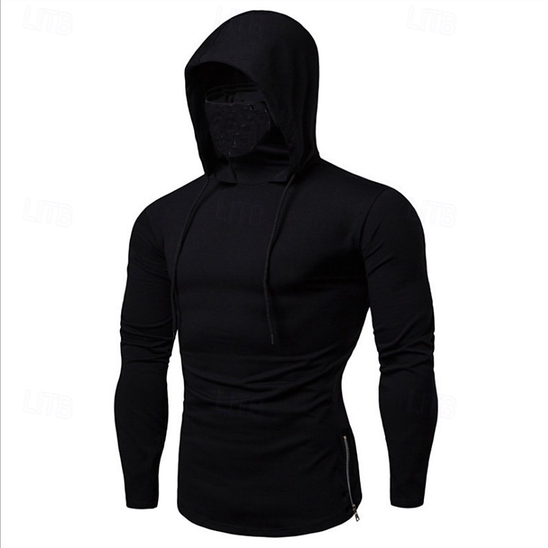 Men's Hoodie with Mask Fitness Hoodie Workout Hoodie Long Sleeve Hoodie Casual Athleisure Fall Solid Colored Thermal Warm Windproof Breathable Gym Workout Walking Jogging Sportswear Activewear Black3