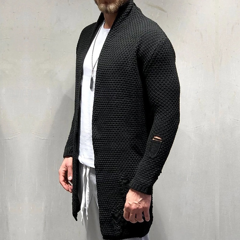 Men's Cardigan Sweater Cropped  Sweater Knit Sweater Ribbed Knit Tunic Pocket Plain Shawl Collar Fashion Classic Daily Wear Date Clothing Apparel Fall & Winter Black Navy Blue S M L4