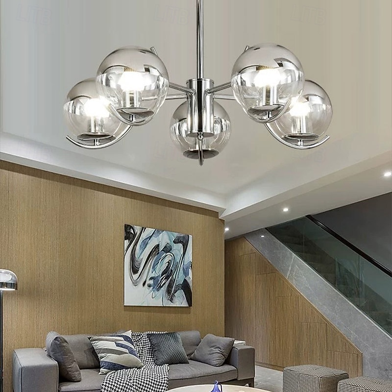 Nordic Creative Chrome Ceiling Chandelier Modern Chrome LED Ceiling Chandelier Art Exhibition Pendant Lights Electroplated Body LED Lighting 3/4/5 Light Head 110-240V