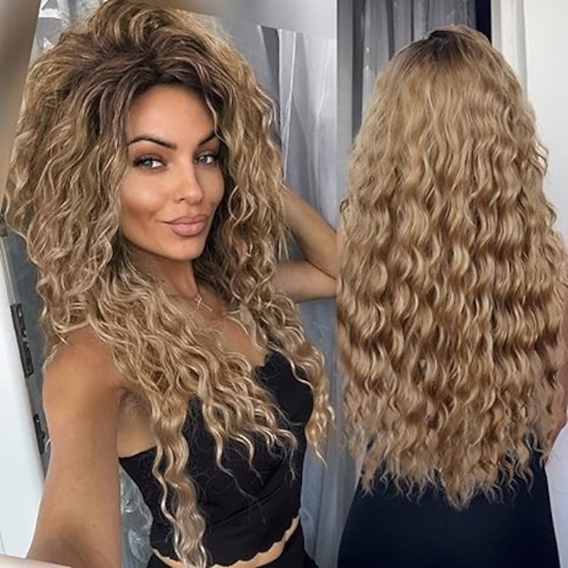 Long Curly Wavy Wig Natural Ombre Fluffy Synthetic Hair Replacement Wig with Free Part Hairline for Costume Cosplay Party Suitable Christmas Party Wigs4