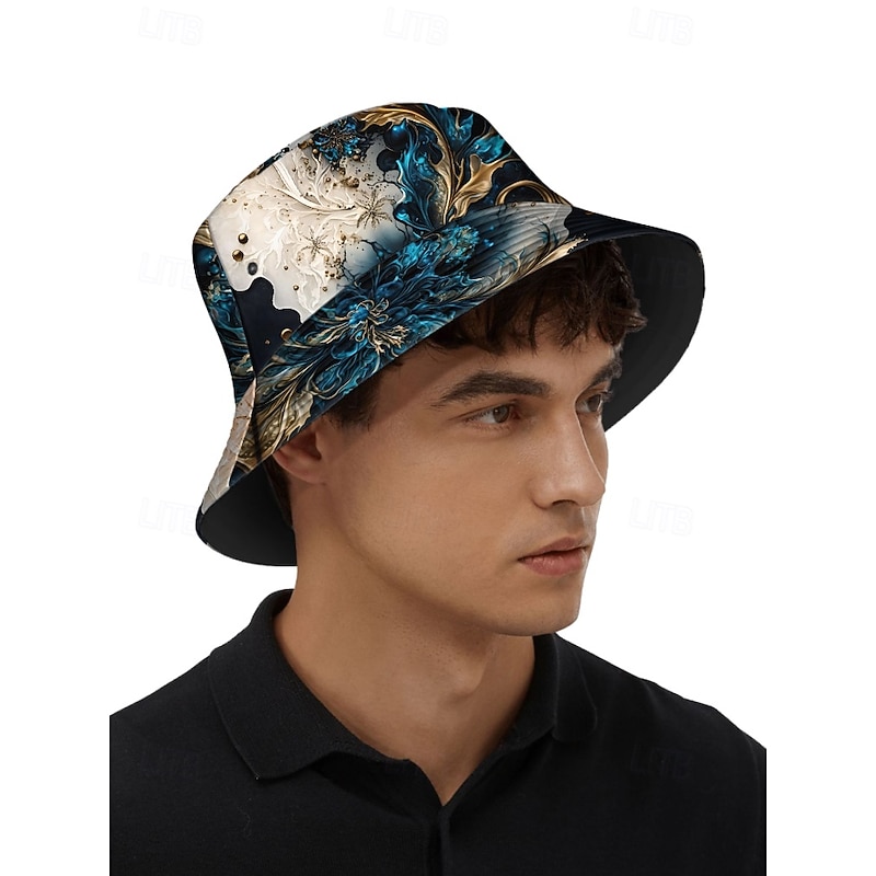 Men's Artistic Print Bucket Hat with Blue and Gold Abstract Floral Design – Stylish and Unique Outdoor Sun Hat for All Seasons3