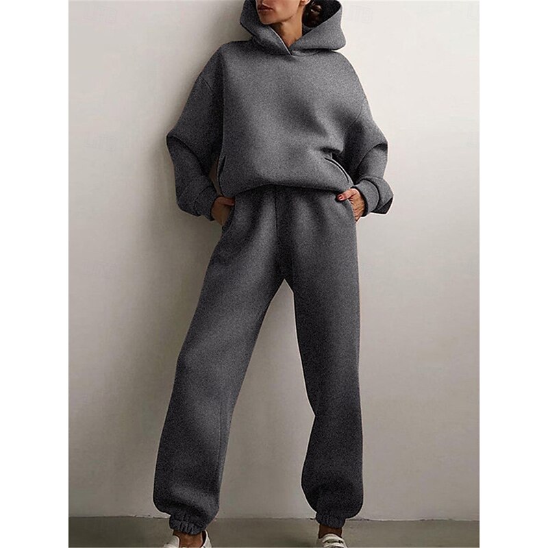 Women's Fashion Streetwear Daily Hoodie Sweatpants Long Sleeve Hooded Plain Casual Daily White Blue Dark Gray Fall Regular Fit2