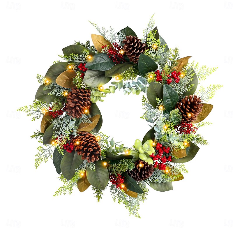 Christmas Lighted Wreath Outdoor for Front Door Winter Wreath with Pinecones, Illuminated Holiday Garland for Window and Door Hanging, Faux Berry and Leaf Vine Decor for Wall and Patio4
